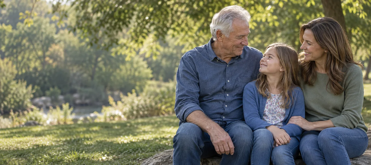 Illustrative three-generation family sharing a relaxed moment outdoors
